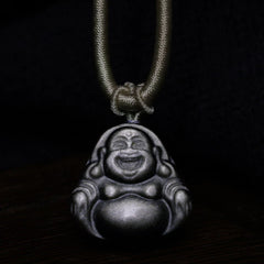 Natural Silver Sheen Obsidian Laughing Buddha Protection Necklace Pendant