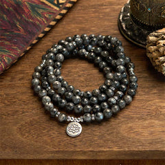 108 Mala Beads Multi-layer Natural Black Glitter Stone Lotus Positivity Bracelet
