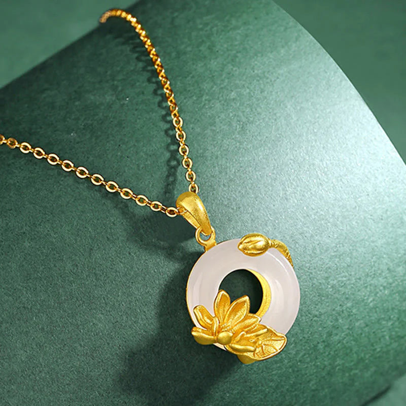 Natural White Chalcedony Peace Buckle Lotus Pendant 925 Sterling Silver Necklace