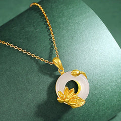 Natural White Chalcedony Peace Buckle Lotus Pendant 925 Sterling Silver Necklace