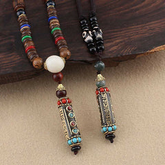 Tibetan Om Mani Padme Hum Dzi Bead Wenge Wood Necklace Pendant