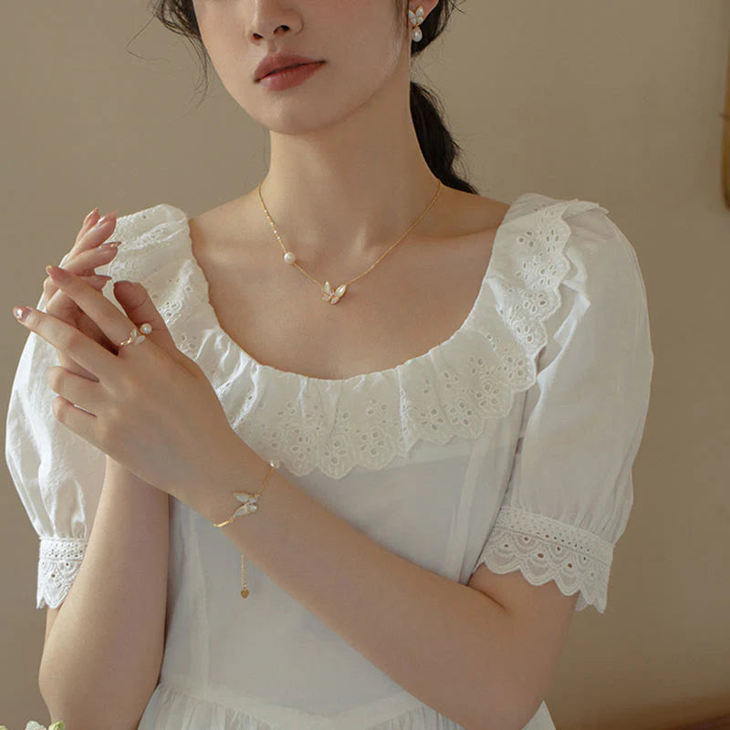 14K Gold Plated Copper Pearl and Shell Stone Butterfly Jewelry Set (Ring, Bracelet, Necklace, Pendant, Earrings)