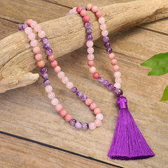 108 Mala Beads Amethyst Rose Quartz Spiritual Healing Tassel Bracelet