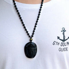Natural Black Obsidian Bodhisattva Strength String Necklace Pendant