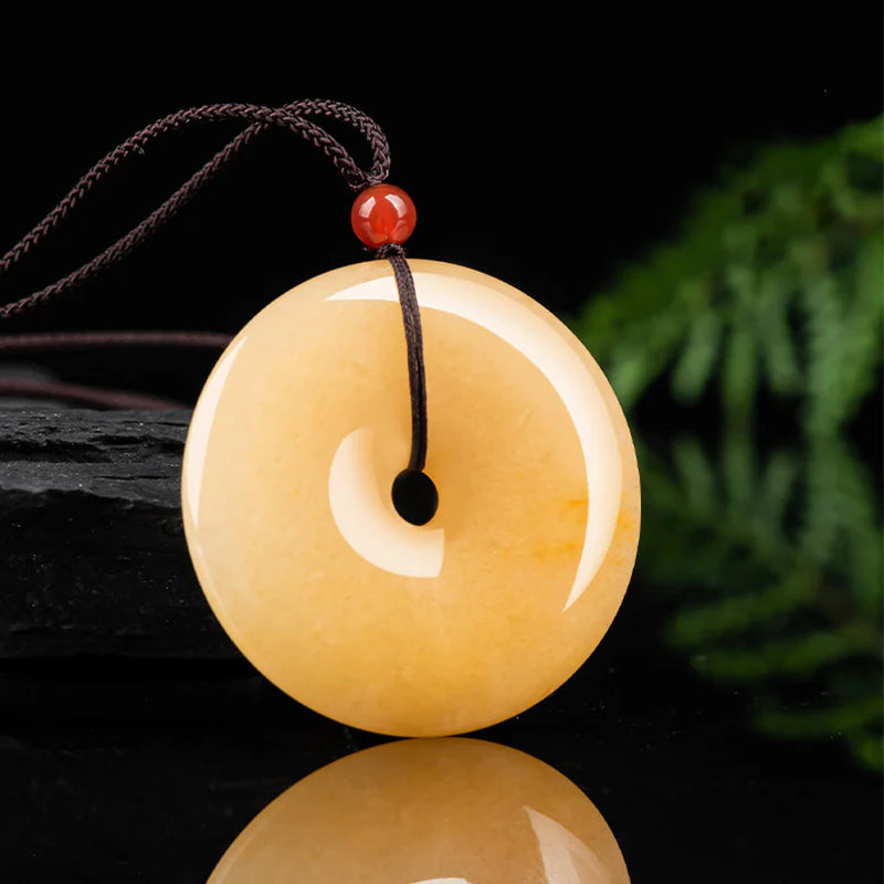 Round Golden Silk Jade Peace Buckle Wealth Pendant Necklace