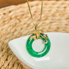 Cyan Jade Peace Buckle Alloy Flower Luck Necklace Pendant