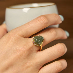 Natural Hetian Jade Egg Gourd Copper Laughing Buddha Luck Ring