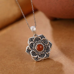 Tibetan Om Mani Padme Hum Lotus Pattern Red Agate Copper Peace Necklace Pendant